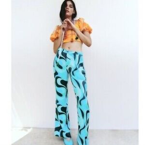 Zara Blue 70s Printed The Safia High Waisted Satin Trousers Size Medium